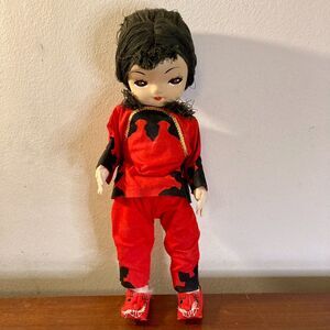 Vintage 70s East Asian Pose Doll in Traditional Costume with Cat/Dragon Slippers